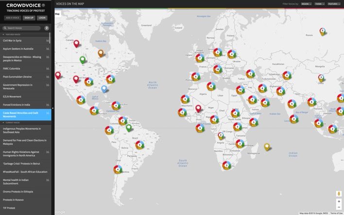 Screenshot of CrowdVoice's map showing markers for each post